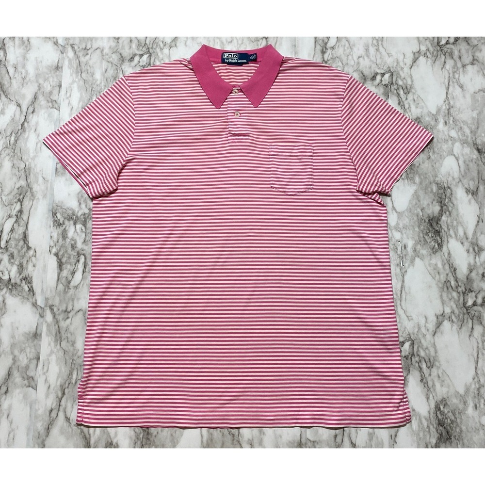 Polo By Ralph Lauren Mens‎ Shirt XL Pink White Striped Short Sleeve Custom Fit